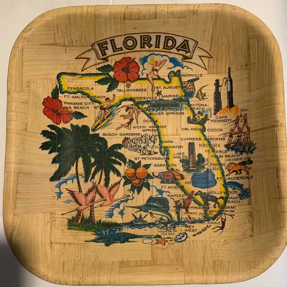 Tiki, vintage, Florida souvenir 1960's, wooden bamboo square shape bowl
